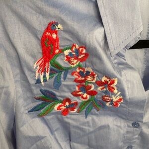 New York & Company Blue Shirt with Parrot Embroidery